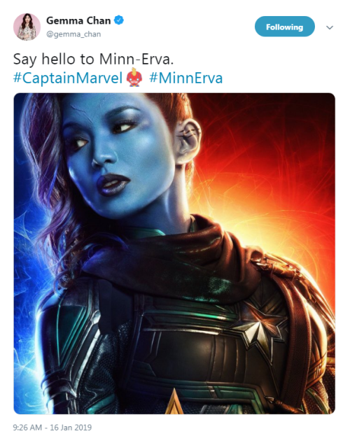 profeminist:“Say hello to Minn-Erva. #CaptainMarvel #MinnErva”- Gemma Chan‏