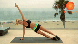 gymra:  1- Side Bridge on Hand w/ Side Leg Lifts: Get into a side bridge on 1 hand and the other hand in the air.  Breathe out as you lift your top leg up. 2- Spider Plank: In a push-up stance, breathe out and pull 1 knee up toward your chest, without