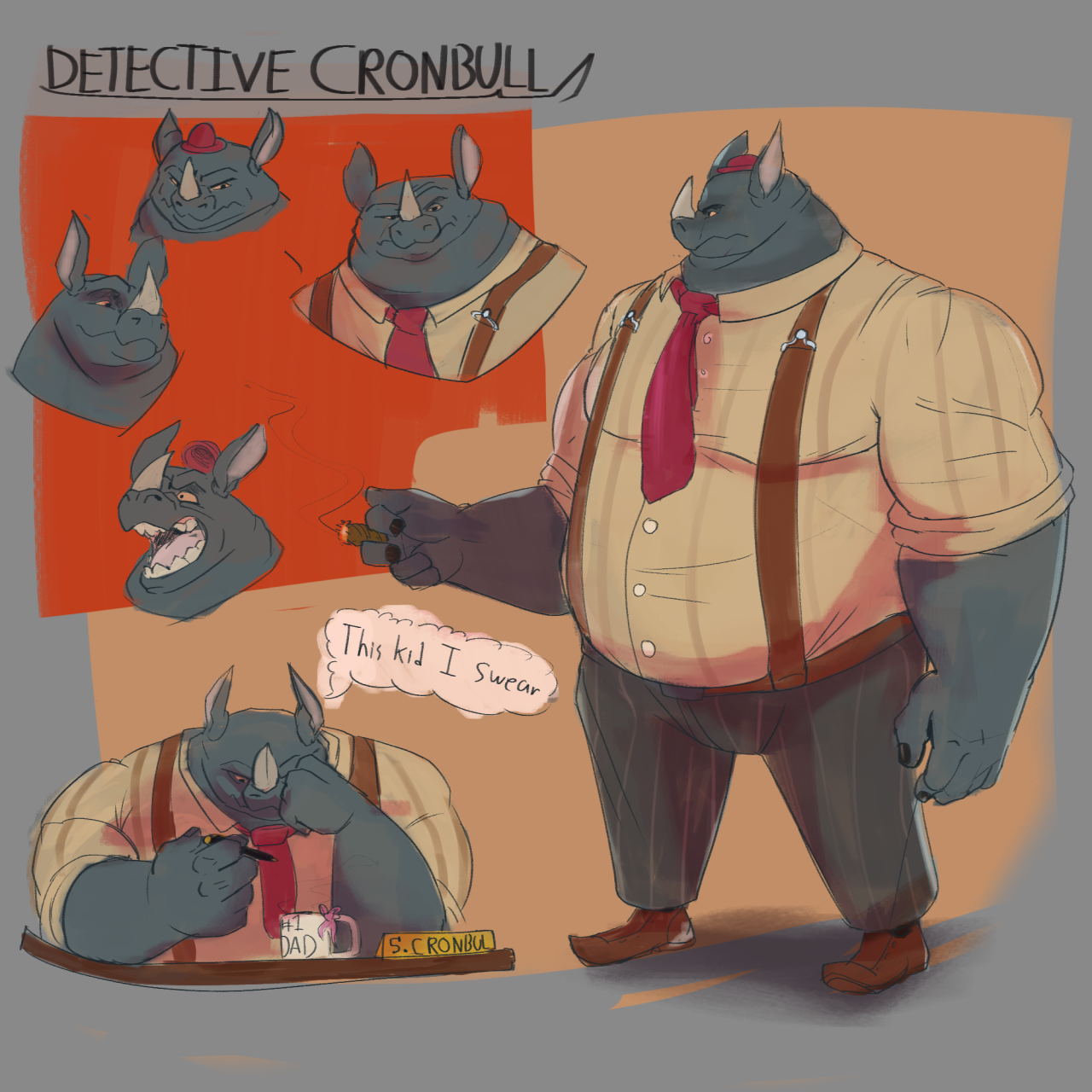 Cronbul, a head private investigator trying his best to make his corrupt, demon filled city into a better place any way he can. he is also a very lorge lad. If you ask me about him I will put a sticker on your forehead (affectionate).
