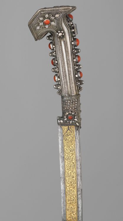 art-of-swords:  Yatagan Sword Dated: A.H. 1238/A.D. 1822 Culture: Anatolian or Balkan Medium: steel, silver, gold, coral Measurements: overall lenght 29 ¼ inches (74.3 cm); blae lenght 22 1/8 inches (56.2 cm) Inscription: inscribed with the date 1238