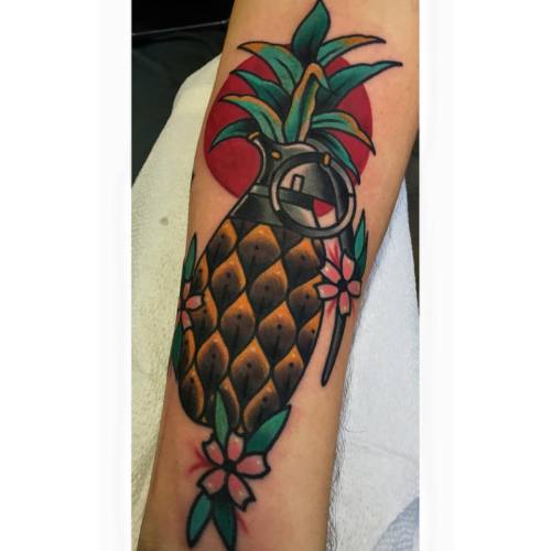 Pineapple grenade tattoo on our boy Craig, by Nicholas G! Part of his fruit weapon half sleeve, whic