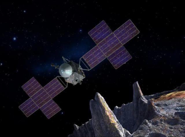Artist’s concept of the Psyche spacecraft orbiting the metal asteroid Psyche. At the center of the image is the spacecraft with large solar arrays on each side of the main body. At the bottom-right is the metal asteroid with peaks sticking out of the surface. Credit: NASA/JPL-Caltech/Arizona State Univ./Space Systems Loral/Peter Rubin