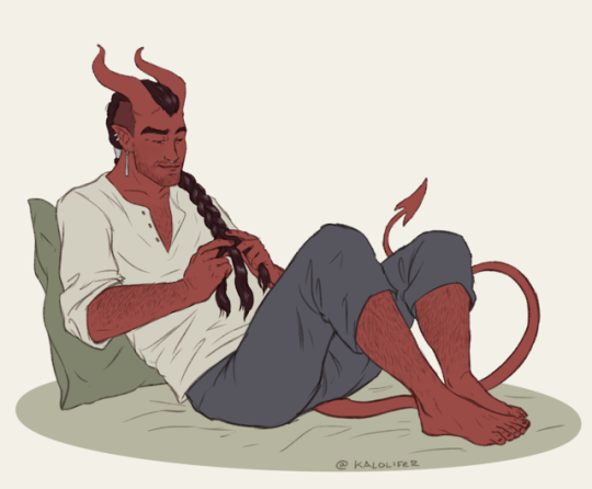 i did an art trade with floorĀ @bipirate!! i decided to draw their tiefling monk hektor just relaxing and braiding his hair iām...