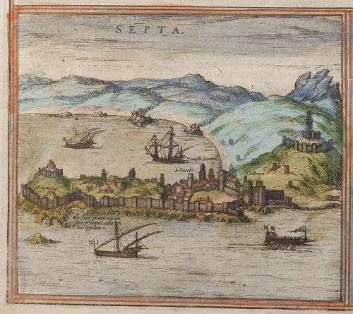 View of the city and fortifications of Ceuta, 1572. An island off the northern coast of Africa and l