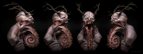 postapocalypticflimflam:  siryl:Antlers are an overwhelmingly common feature of Wendigos in modern fantasy art.  This interpretation by Zachary Berger follows suit, but adds a unique feature: the lower jaw of the extinct cartilaginous fish Helicoprion.