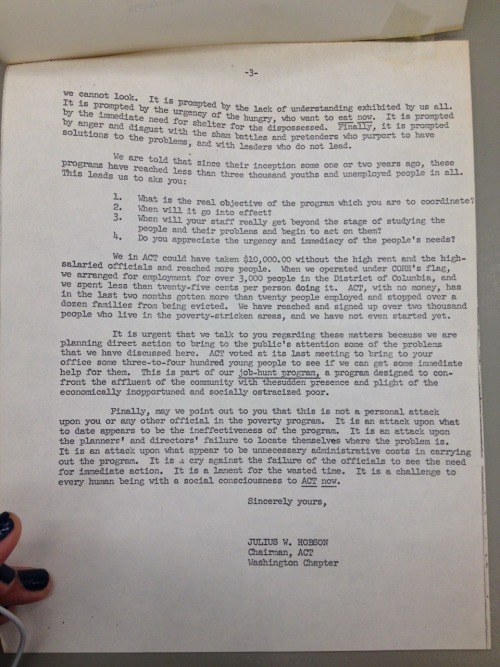 ACT Chairman Julius Hobson Writes To United Planning Organization Director James Banks That His Program