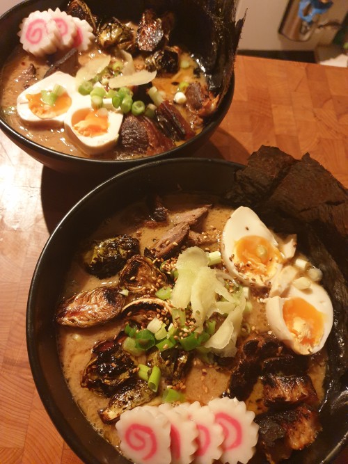 Chicken miso paitan with pork and beef chasu, braised fermented brussels, ramen egg, pickled ginger,