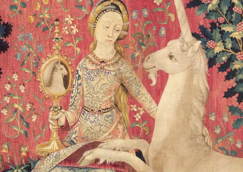 blondebrainpower:Detail of “The Lady and The Unicorn” tapestries woven approximately in 1500 in France. The six tapestries appear to depict earthly senses and desires. This image is from the “Sight” tapestry and shows a woman holding a mirror
