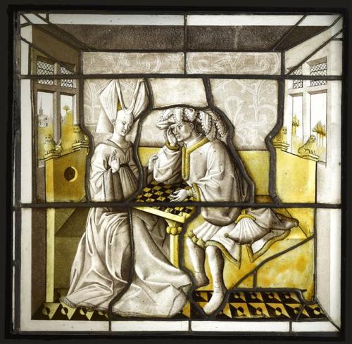 Stained glass of two chess players, provenance de l'hôtel de la Bessée à Villefranche-sur-Saône, c. 