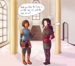 thunderling:  I read fics where Korra and Asami had moved out of the Sato manison and thought it was a shame bc that is a fiiiine house (and no I didn’t look up the actual interior, but shhh nobody remembers how it looks anyway right?)  these two are