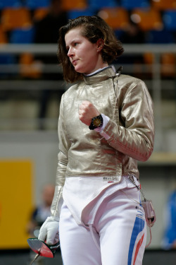 modernfencing:[ID a sabre fencer with her mask off, clenching a fist.]  Cécilia Berder! (Photo by Marie-Lan Nguyen.)