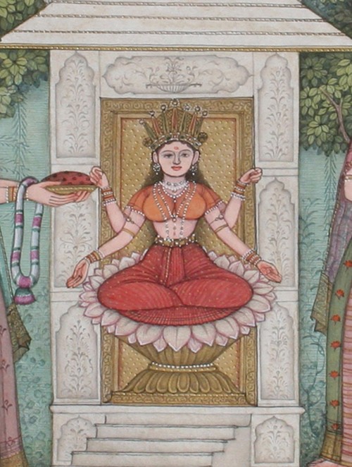 Krishna kidnaps Rukmini when she returned from the Durga Temple, and detail of the Durga deity, by M