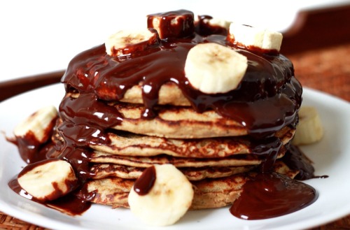 thefoodshow: Oatmeal Pancakes With Dark Chocolate Sauce And Bananas
