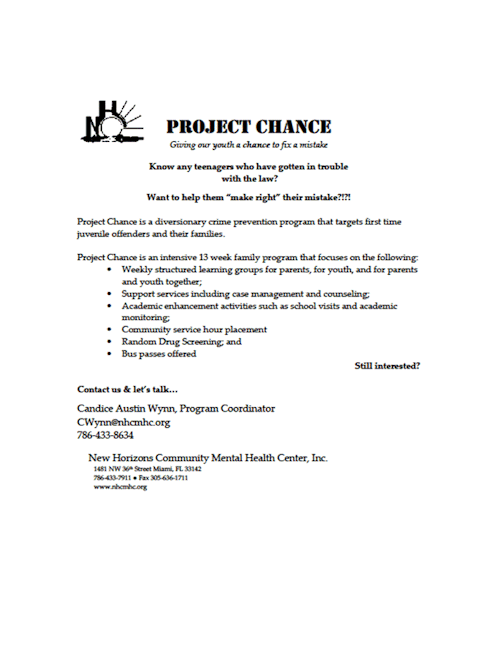Information on Project Chance, offered to teenagers, priovided by New Horizons Community Mental Heal