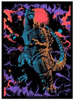 xombiedirge:  Gojira by T-Bone &amp; Aljax 18” X 24” 5 color blacklight screen print. numbered edition of 30. Available HERE.