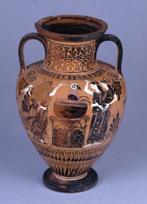 ancientpeoples:Neck Amphora510-500 BCArchaic GreekMedea boiling the ram: In the centre is a lebes on