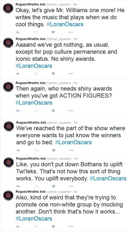 askroguesquadron:Our own Face Loran livetweeted the Oscars and ate food that probably wasn’t meant f