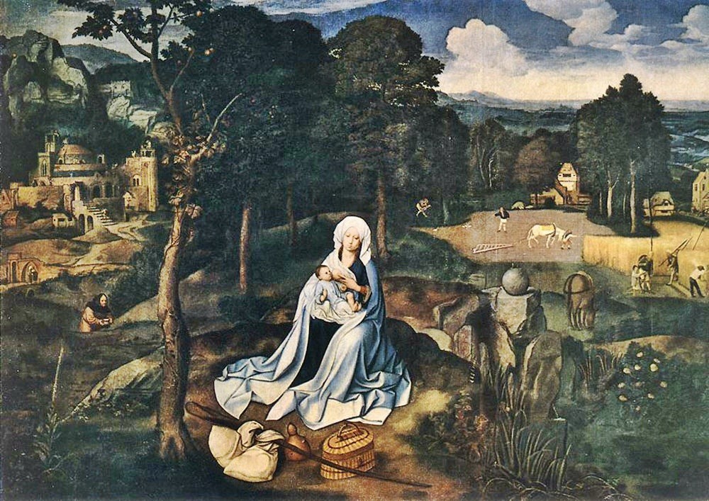 Joachim Patinir (1480 or 1485 - 1524) a) Rest during the flight to Egypt, oil on