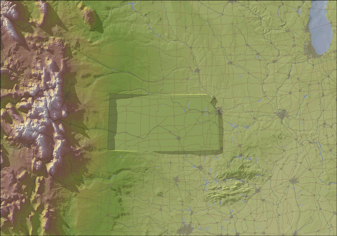 My plan to create a perfectly flat and level Kansas by moving 5,501 cubic miles of earth from west to east. It’s the ideal Kansas. Still some details to work out about rivers, roads, etc. Watch out for the 900-foot cliff bisecting Kansas City.