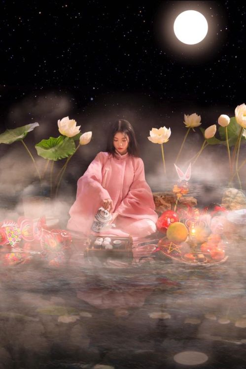 A Moon Festival-inspired photoshoot of the Nguyễn dynasty áo tấc, with elements of the Moon Goddess 
