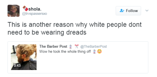 futureblackpolitician:  the-real-eye-to-see:  When you start to abuse culture appropriation  Yo what the fuck it looks like a wasp nest. Listen for the most part we tell white people not to let you hair get matted because y'all don’t wash properly or