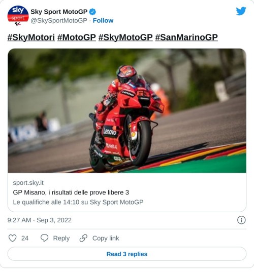 #SkyMotori #MotoGP #SkyMotoGP #SanMarinoGPhttps://t.co/vlZthw0N4j  — Sky Sport MotoGP (@SkySportMotoGP) September 3, 2022