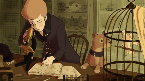 A digital illustration of Dr. Barlow and Tazza. They are in a laboratory. Dr. Barlow is squinting into a microscope as she takes notes with her free hand. The birdcage sits in the foreground, with the cloth removed to reveal a small two-headed bird, which Tazza observes with a hungry expression on his face.