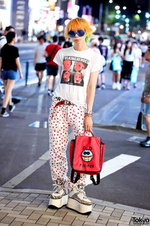 Harajuku Fashion Walk organizer Junnyan on the street in Harajuku wearing a Milkboy top with Diet Bu