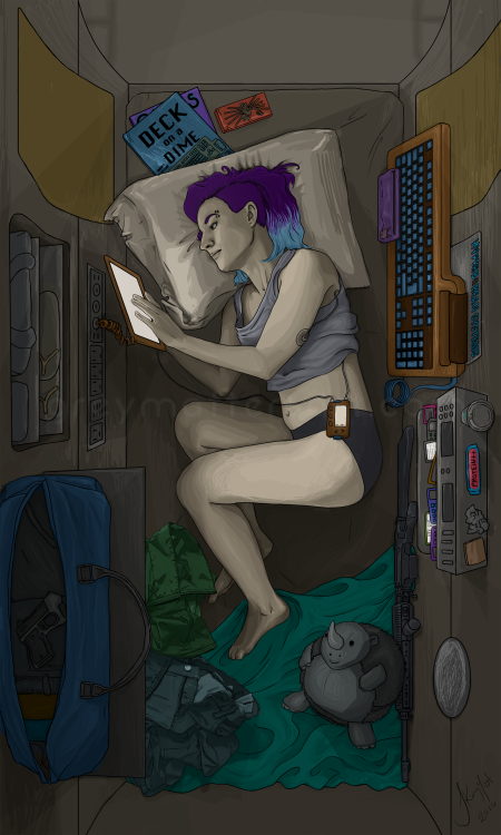 A Decker from Shadowrun in a coffin hotel.Used a reference photo including my insulin pump, so the d