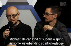 heartcoma:  MTV SDCC 2013 Interview with Legend of Korra Team:Michael Dimartino and Bryan Konietzko discuss Unalaq’s special waterbending skill (which I like to call it, Spiritbending)(x) 