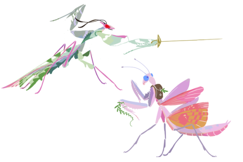 platinuumpussycat:lordansketil:scribblebugs:merrigold:some fantasy mantises inspired by @scribblebug