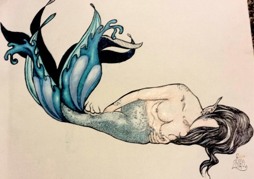 ryefaceupintherain:  Crapy cell phone pic. Buuuut I drew a mermaid character of kweenie! Her hair was so fun to draw. And the pose just said she needed to be blue. Hope you like it! If you wanna be a mermaid too just message me. 