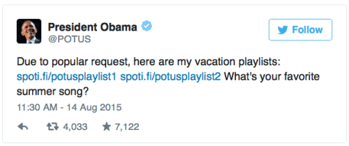 creatingfromculture:  igboboy:  micdotcom:   President Obama just dropped his summer mixtape  The POTUS is officially on vacay. But before stepping out, the commander-in-chief shared not one, but two summer playlists with the free world through the White