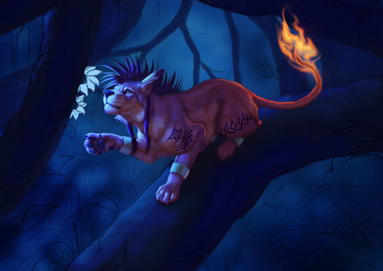 lhuin:  A finished painting of Red XIII/Nanaki and some work in progress images from