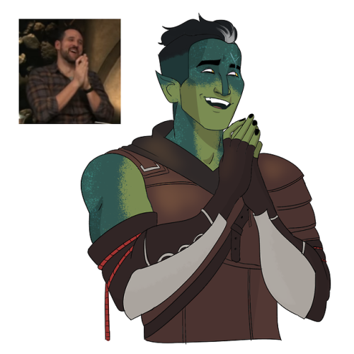 vainvaihe-art:Oh, Fjord?[ID: two drawings of Fjord, a half-orc with green skin and short black hair 