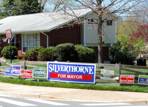 Political Campaign Signs, Fairfax City, ole Virginny, 2014.Silverthorne, a popular first term mayor,