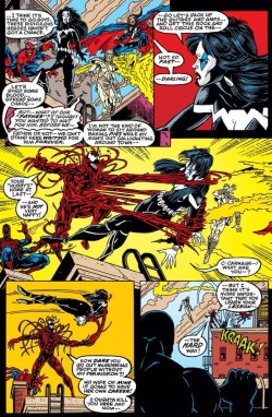 voodoozombie87:  panels-of-interest:  Carnage vs. Doppelganger. [from Spider-Man (1990) #37]  poor Doppy :( and Shriek … i forget about her … oh momma ._. crazy girls are the best 