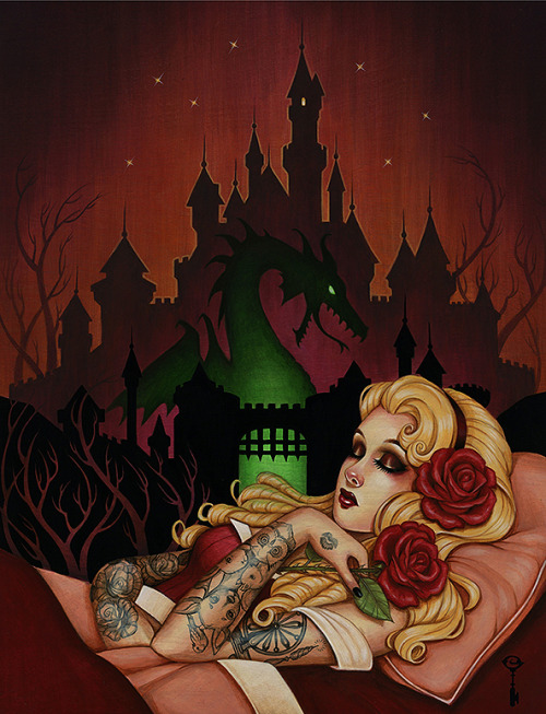 fairytalemood:  art by Glenn Arthur for the Forever Fabled exhibition at Thinkspace gallery (June 1 - 29, 2013) Acrylic on wood panel Alice in Wonderland, Snow White, Sleeping Beauty, Goldilocks, Little Red Riding Hood 