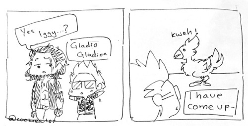 sorumegane13:  Better save your boyfren Noctis because Iggy is coming ta get h i m  Luckily Gladio knows how to control his own boyfren but this is Ignis we’re talking about so   You never know.  Part of my Silly Iggy series