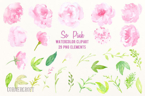 Watercolor Clip Art So Pink By Cornercroft29 individual elements, 300dpi, png with transparent backg