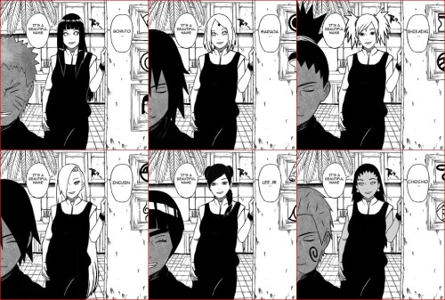 manou0101:  I wondered what could give the time when all the girls were pregnant and announced the name of their child. Obviously this is a remake of the scene of Minato and Kushina .  And I confess that for Lee and Tenten , I thought it was pretty cool