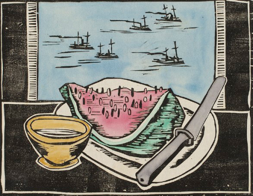 stillwatermelon:Hellmut Sail, Watermelon (1953) handcoloured woodcut