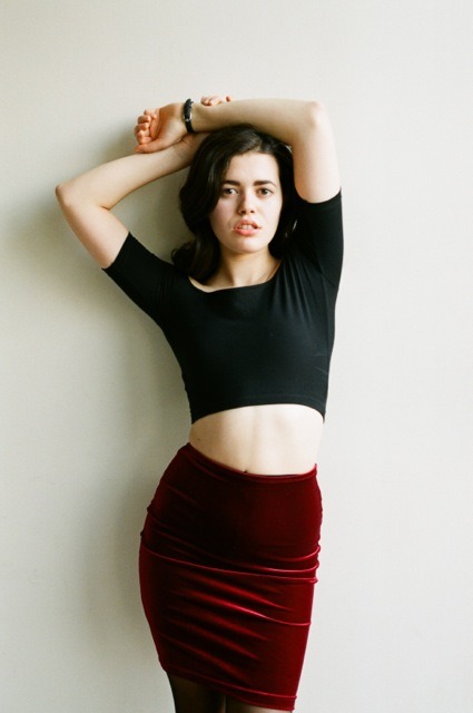 americanapparel:  Paula wearing the Cotton Spandex Off-Shoulder Top, Velvet Pencil Skirt, and Sheer Luxe Backseam Stocking.  this is a super-cute outfit
