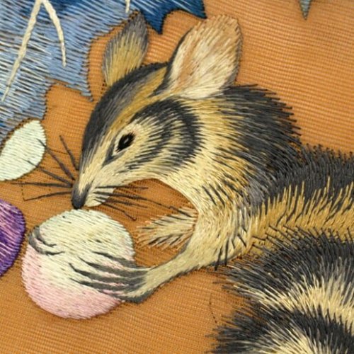 Impressive embroidered antique obi (seen on), showing a squirrel munching on juicy grapes