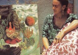 mondfaenger:   Photo of Frida with her picture, 1949 The Love - Embrace of The Universe - The Earth - Mexico - Myself - Diego and Señor Xolotl  