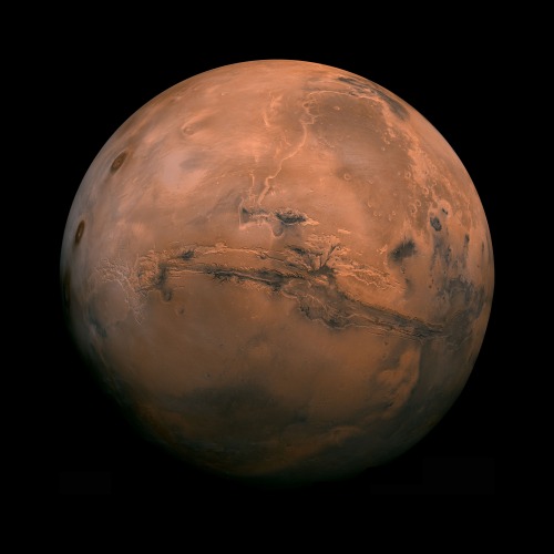 A mosaic of the Valles Marineris hemisphere of Mars. This view is similar to what one would see from
