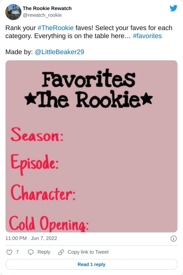 Rank your #TheRookie faves! Select your faves for each category. Everything is on the table here… #favorites Made by: @LittleBeaker29 pic.twitter.com/QIduJpzp5H — The Rookie Rewatch (@rewatch_rookie) June 7, 2022