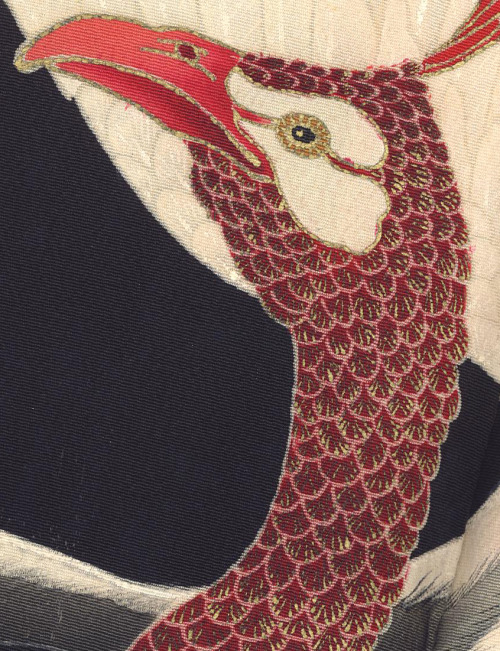 A silk kurotomesode featuring yuzen-dyed cranes and more.  Lata Meiji period (1880-1911), Japan.  Th