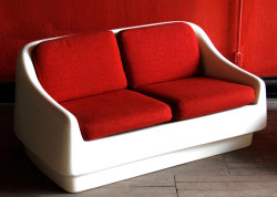 midcenturymodernfreak:  Mod Space Age Couch with Fiberglass Shell with Cherry Red Tweed Upholstery Via 