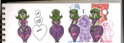 itsameheidi-po:  A whole bunch of SU nonsense. I’m putting these here since they are a poor aping of the SU style. ^o^;1.) Turnaround for Watermelon Tourmaline, my ‘fan gem’. I’m a little wary to use the term ‘Gemsona’ since I don’t feel